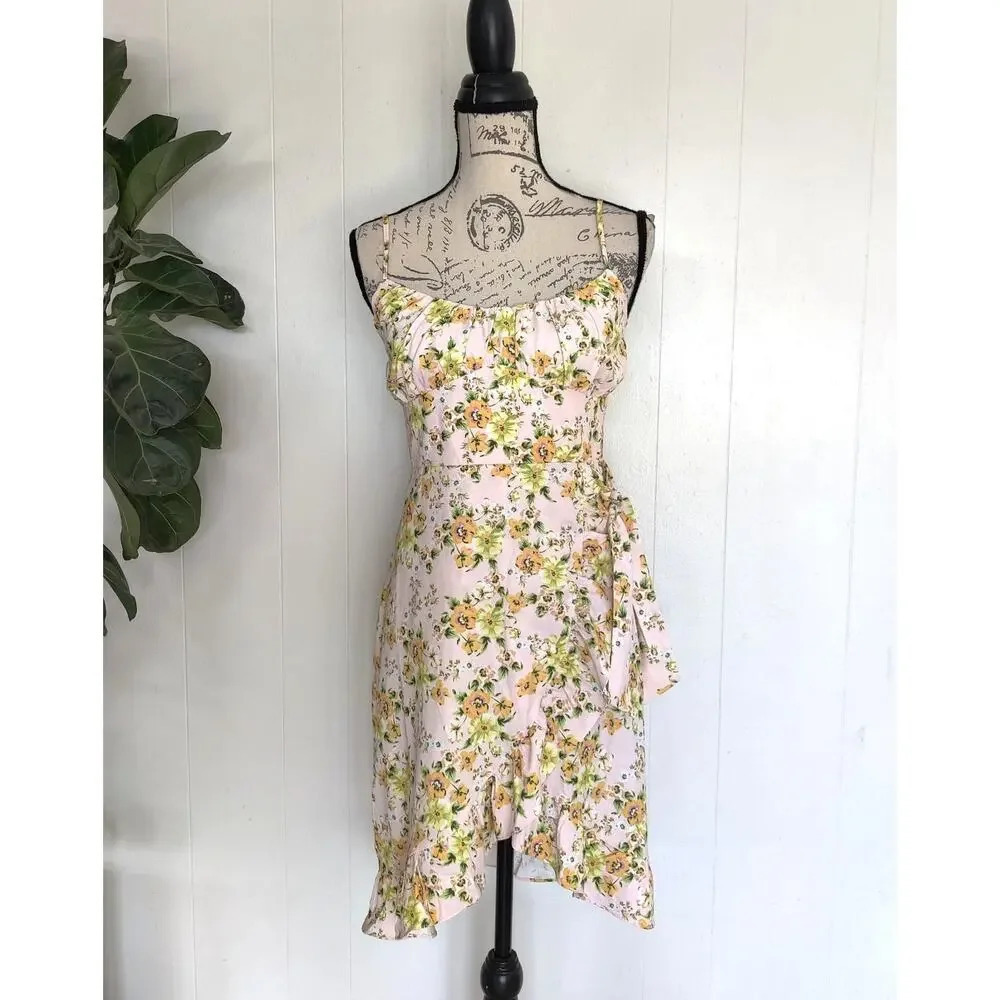 BCBG Generation Floral Ruffle Faux Wrap Sleeveless Dress Sz‎ 2 High-low Pink